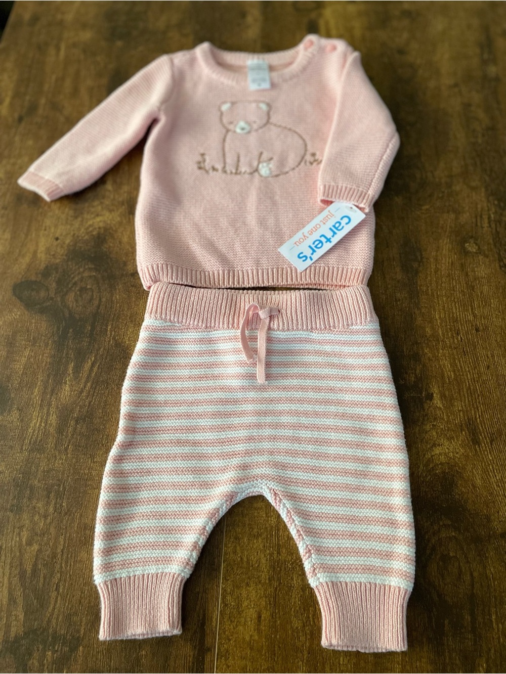 NWT Carter's Just One You Pink Knit Bear Sweater and Striped Pants Set Size 3 M